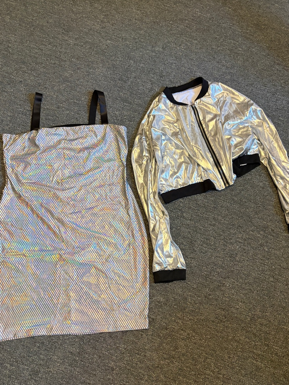 Alien Y2K Martian Costume Silver Metallic Bomber Jacket & Bodycon Dress